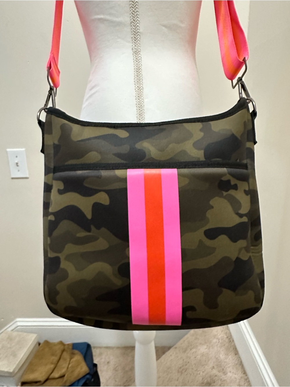 HAUTE SHORE Camouflage Crossbody with Pink & Red Stripe